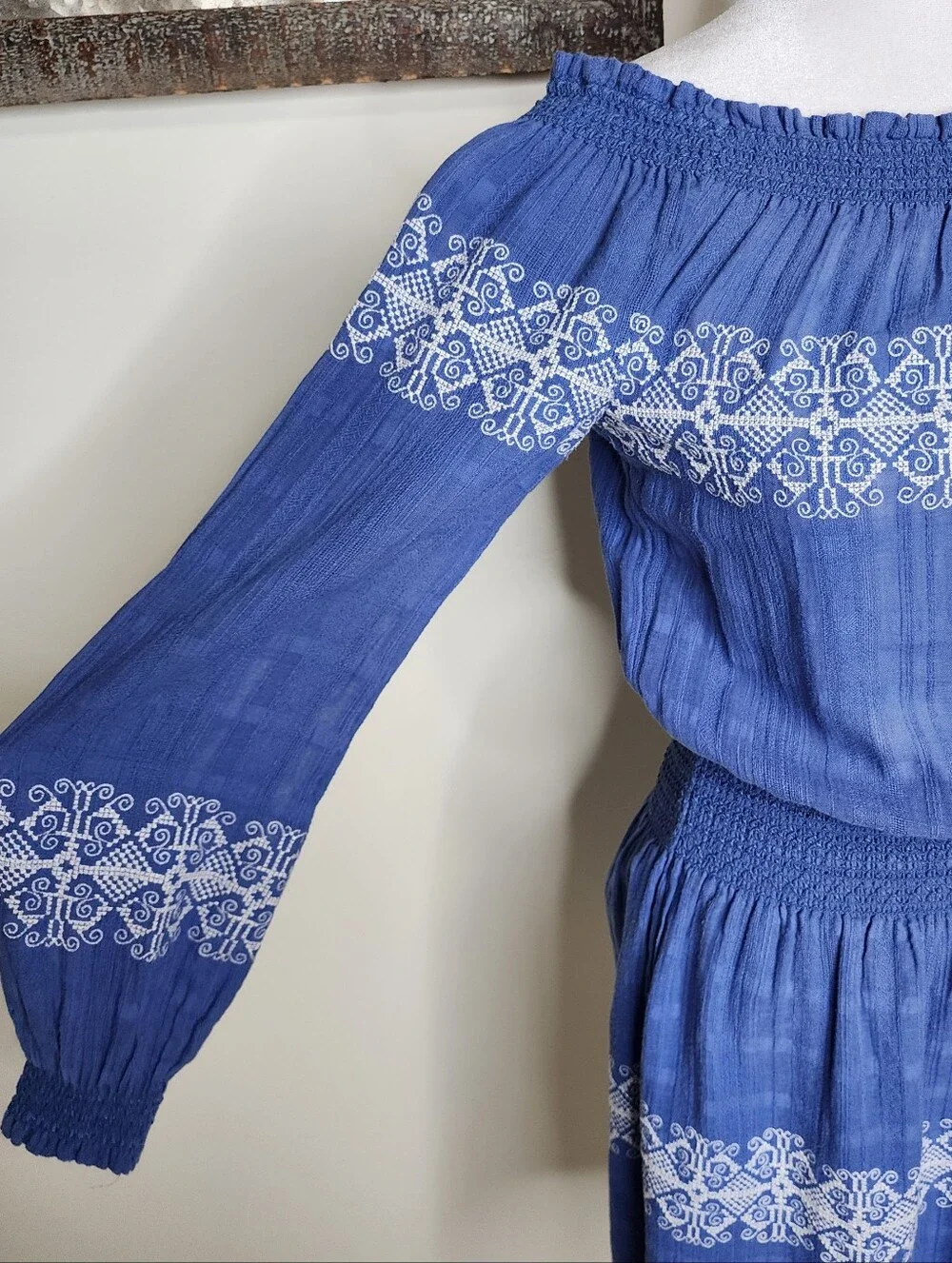 Tory Burch Blue Cotton Off-Shoulder Embroidered Women’s Smocked Mini Dress XS